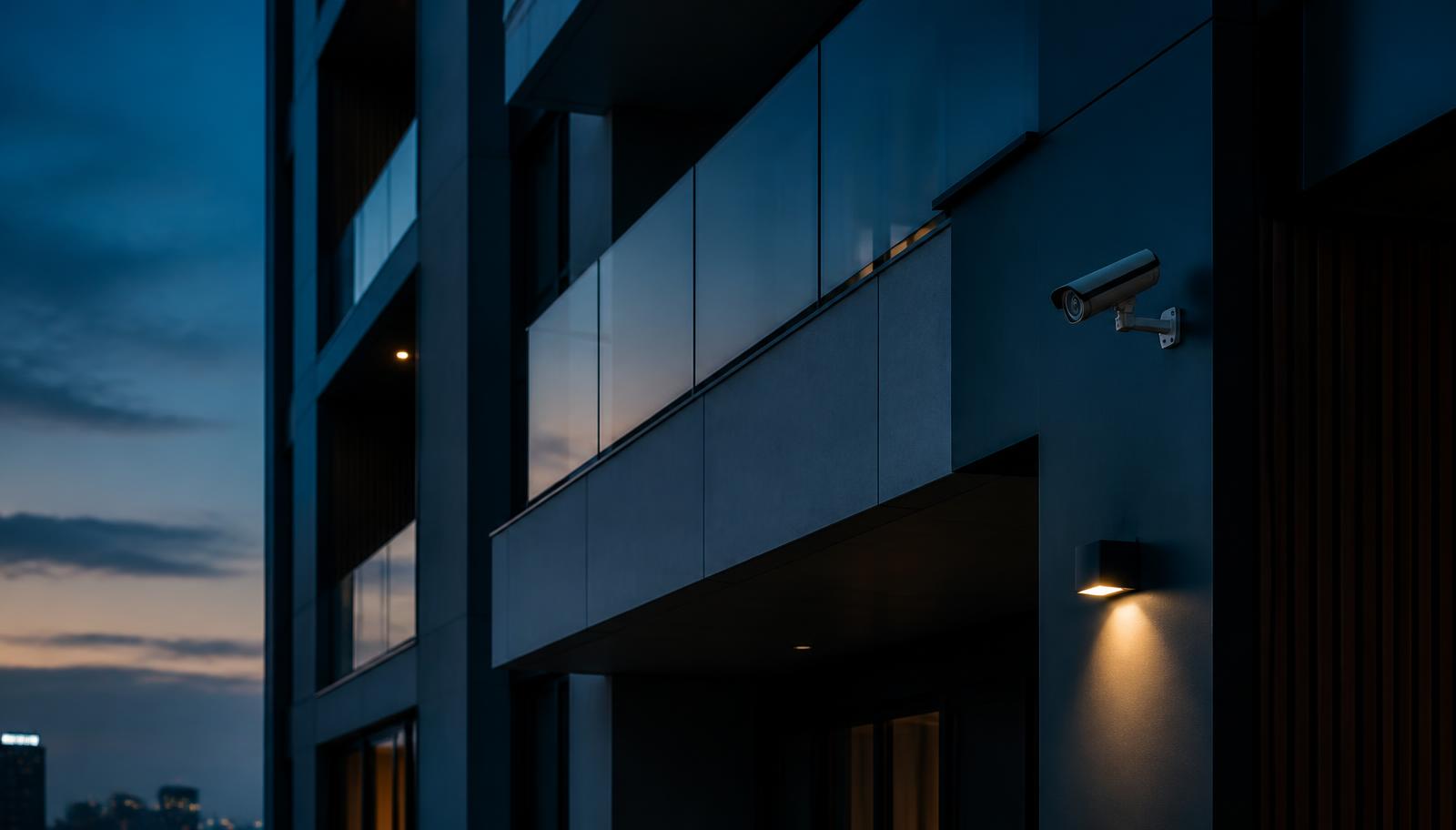 Fachada de condomínio moderno com câmera de segurança ao entardecer
